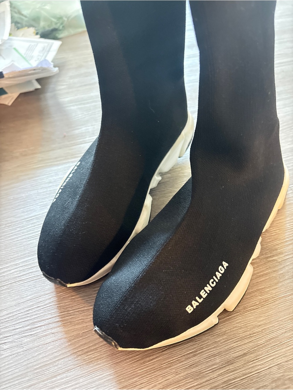 Balenciaga Black Sock-Style Knit Sneakers with White Sole